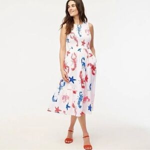 J.Crew Lobster Dress Women's Printed Smocked Midi Dress Size XS